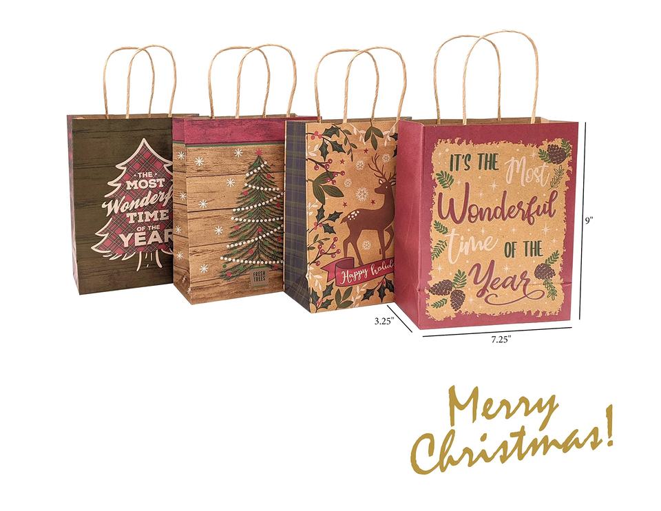 Custom print merry christmas kraft paper biodegradable shopping carry bag