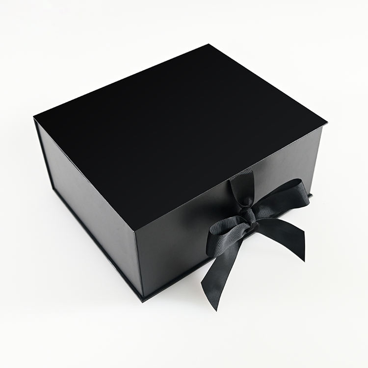 Custom Glossy Cardboard Black Empty Shoes Packaging Magnetic Gift Box With Ribbon Closures