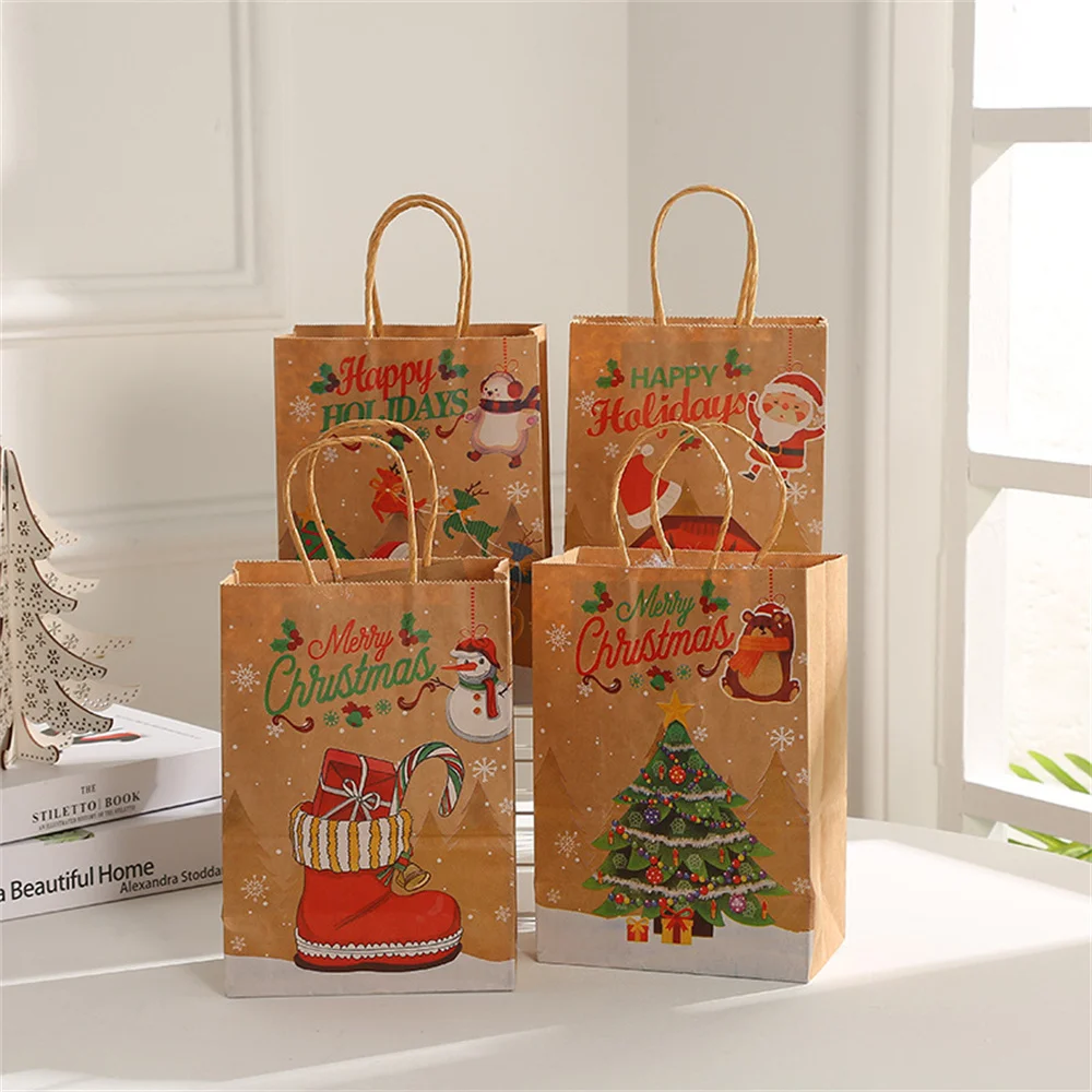 Holiday Season Party Gift Favour Treats Bags Goodie Gift Wrapping Ornament Kraft Brown Rustic Paper Bag, Christmas Kraft Bags