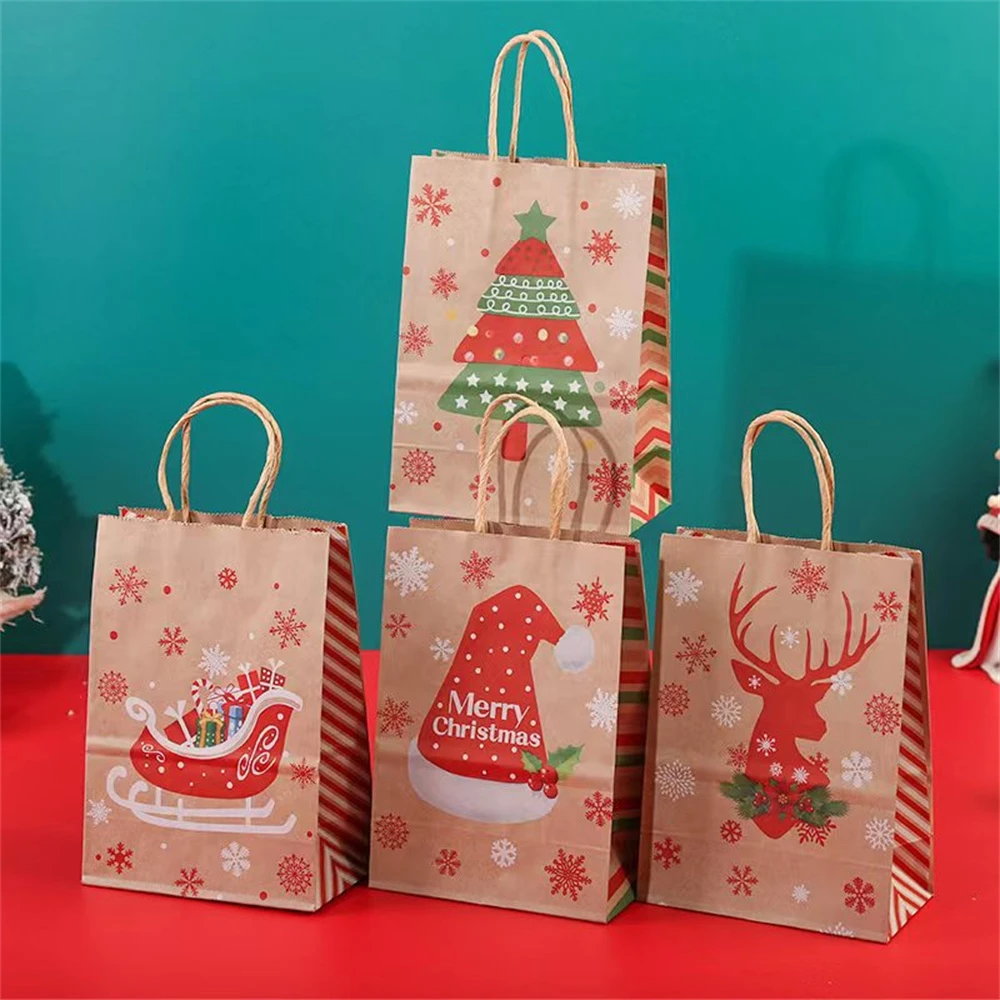 Xmas Custom Santa Claus New Year Party Gift Printed Craft Luxury Shopping Christmas Packaging Kraft Paper Gift Bag With Handles